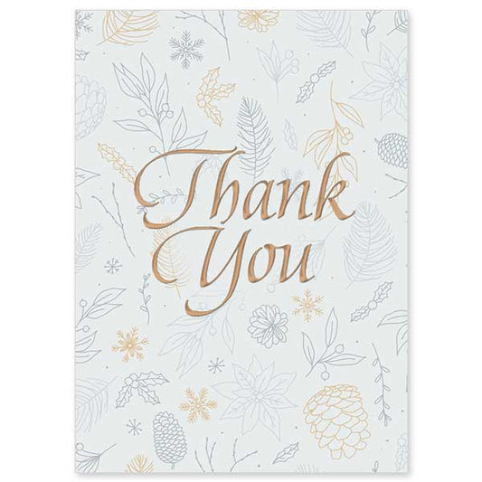 Rose gold foil &quot;Thank you&quot; with whimsical Fall background pattern on white