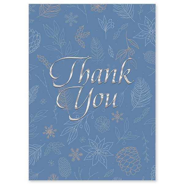 Holographic silver &quot;Thank You&quot; over whimsical Fall pattern with light blue background