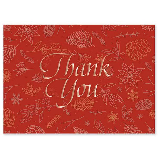 Rose gold foil &quot;Thank you&quot; with whimsical Fall background pattern on red