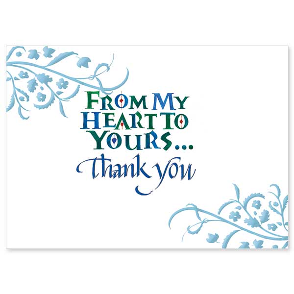 This fresh take on a Thank You card features the cover text in blue-green hand calligraphy flanked by soft blue foil designing.