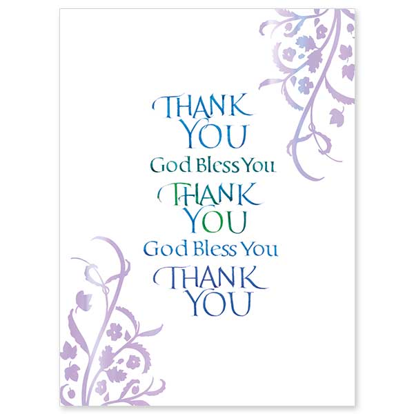 This fresh take on a Thank You note features the cover text in beautiful hand calligraphy flanked by holographic silver foil designing.
