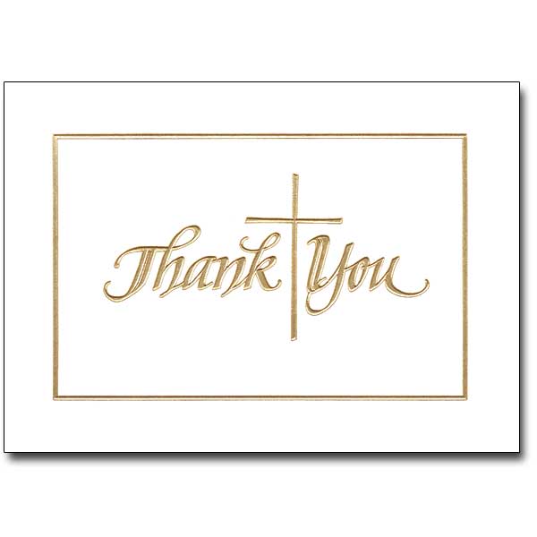 An exquisite classic design with gold embossed foil is always appropriate. Convey your thanks in elegant style with a Christian flair. Also available in Silver. Folded size is 3 1/2&quot; x 4 7/8&quot;. Cards come with matching envelopes.