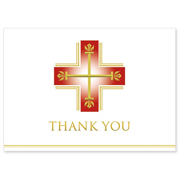 Classic red and gold Greek cross with gold metallic ink accents and simple Thank You lettering.