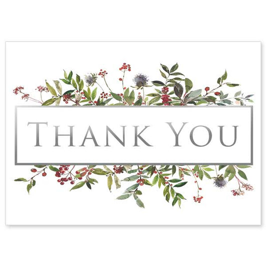 Silver metallic &quot;Thank You&quot; bordered by seasonal botanicals