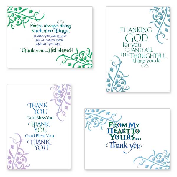 This fresh take on Thank You notes features the cover text in beautiful hand calligraphy flanked by foil designing.